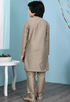 Embroidered Art Silk Kurta Set in Fawn