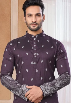 Embroidered Art Silk Kurta Set in Wine