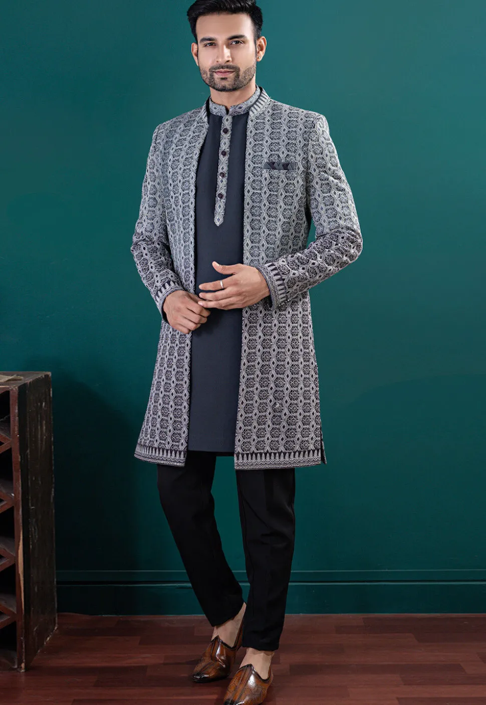 Embroidered Art Silk Kurta Set in Navy Blue