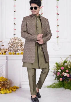 Embroidered Art Silk Kurta Set in Olive Green