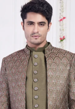 Embroidered Art Silk Kurta Set in Olive Green