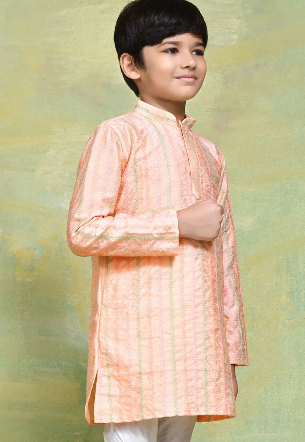 Embroidered Art Silk Kurta in Peach