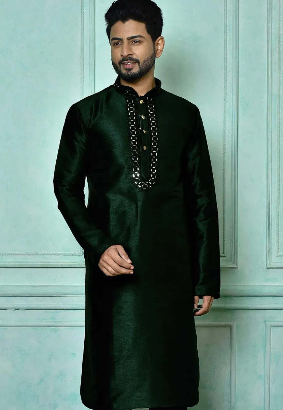 Embroidered Art Silk Kurta in Dark Green