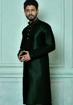 Embroidered Art Silk Kurta in Dark Green