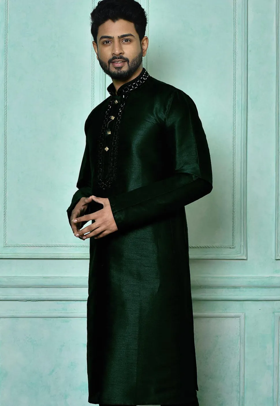 Embroidered Art Silk Kurta in Dark Green