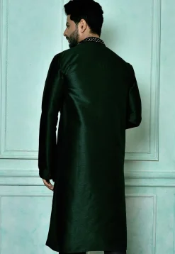 Embroidered Art Silk Kurta in Dark Green