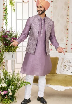 Embroidered Art Silk Kurta Set in Purple