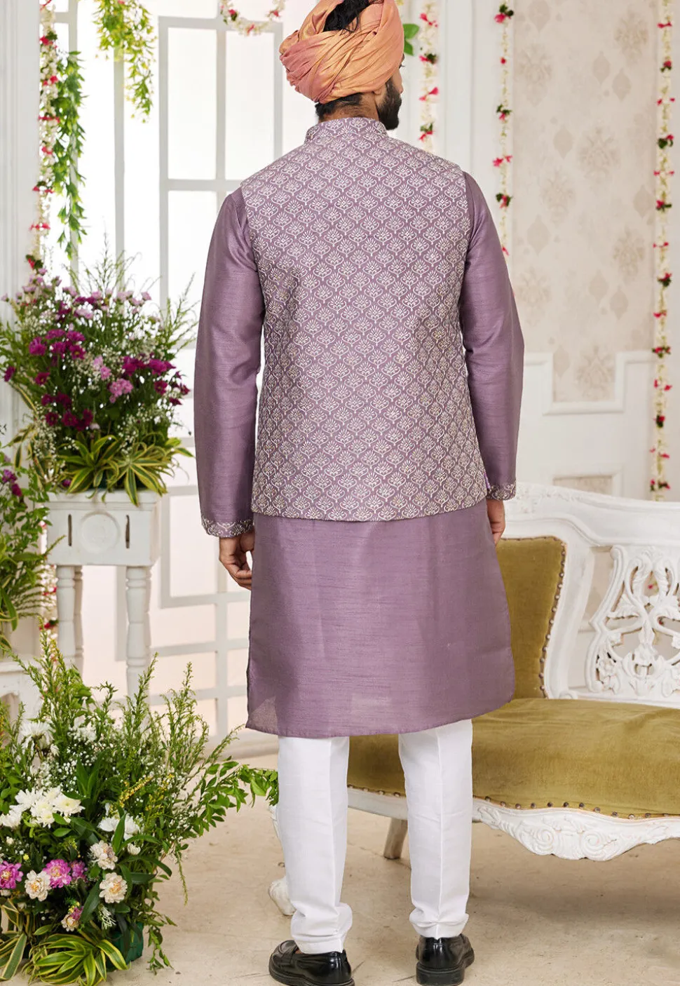 Embroidered Art Silk Kurta Set in Purple