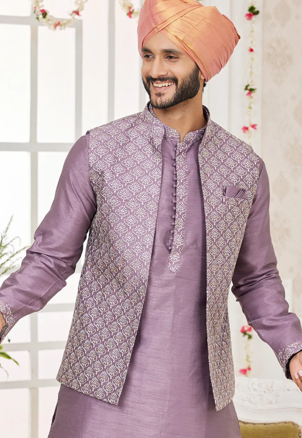 Embroidered Art Silk Kurta Set in Purple