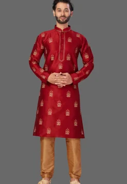 Embroidered Art Silk Kurta Set in Maroon