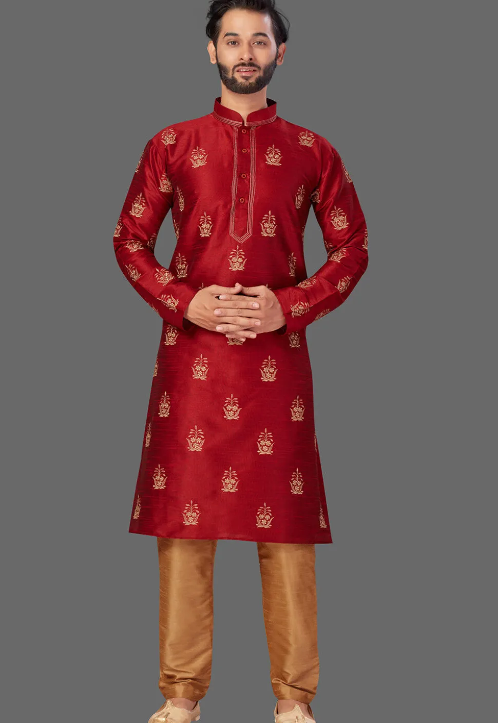 Embroidered Art Silk Kurta Set in Maroon