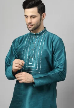 Embroidered Art Silk Kurta Set in Teal Blue