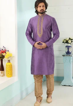 Embroidered Art Silk Kurta Set in Light Purple