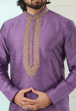 Embroidered Art Silk Kurta Set in Light Purple