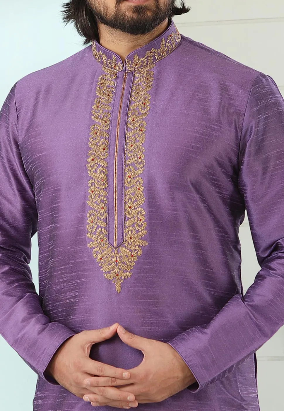 Embroidered Art Silk Kurta Set in Light Purple