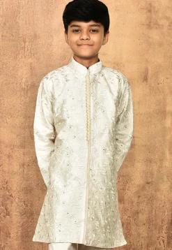 Embroidered Art Silk Kurta Set in Off White
