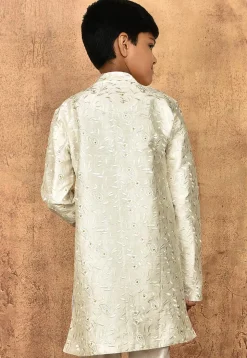 Embroidered Art Silk Kurta Set in Off White