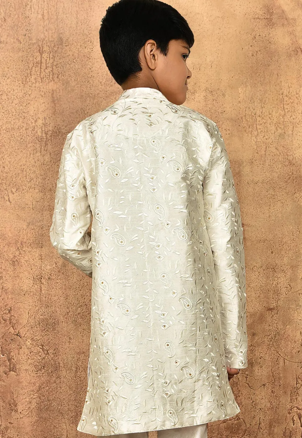 Embroidered Art Silk Kurta Set in Off White