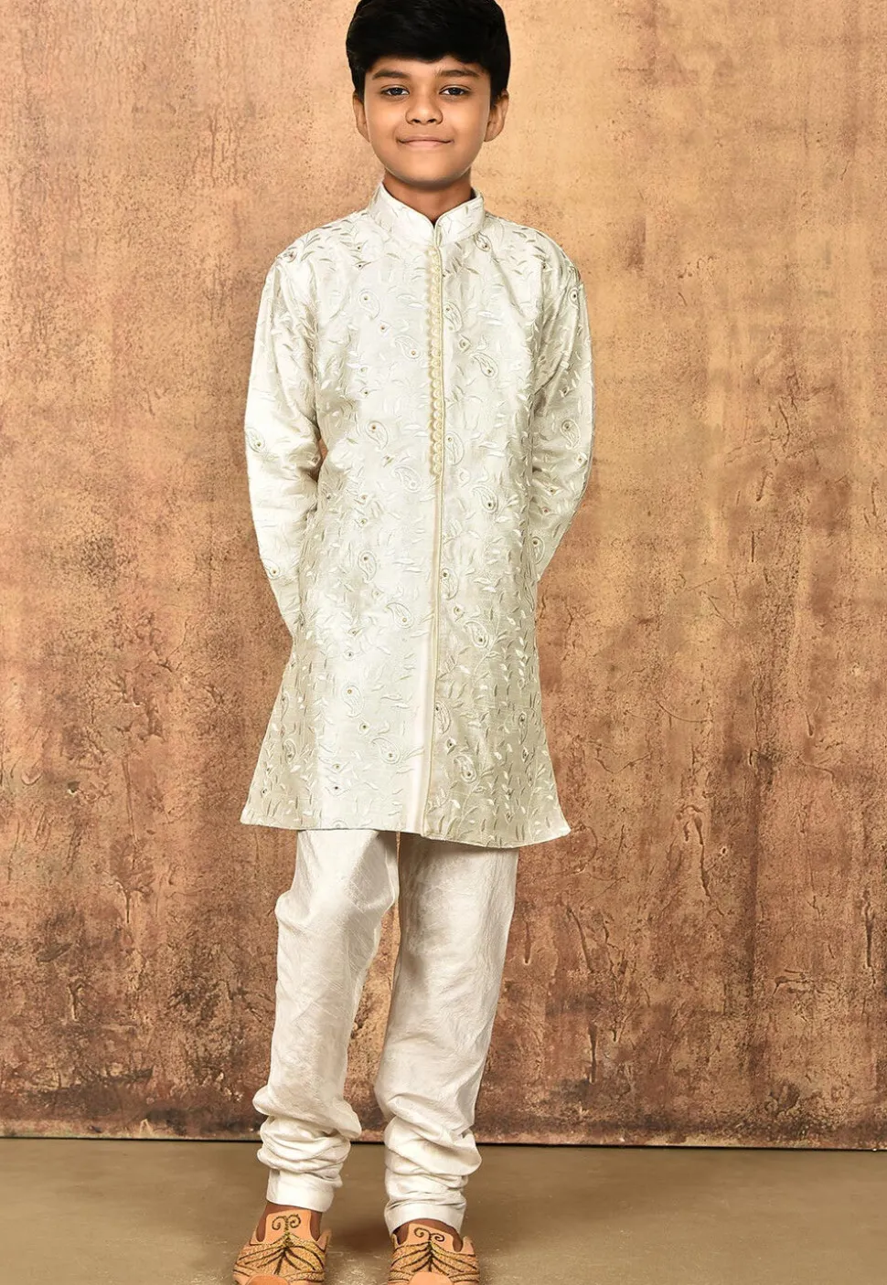 Embroidered Art Silk Kurta Set in Off White