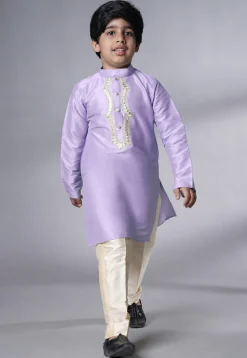 Embroidered Art Silk Kurta Set in Light Purple