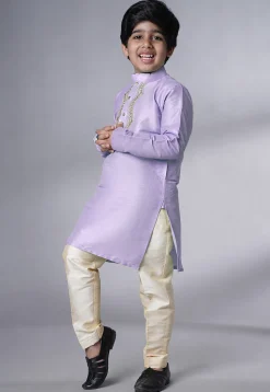 Embroidered Art Silk Kurta Set in Light Purple