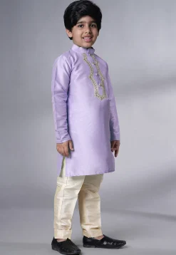 Embroidered Art Silk Kurta Set in Light Purple