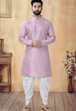 Embroidered Art Silk Kurta Set in Light Purple