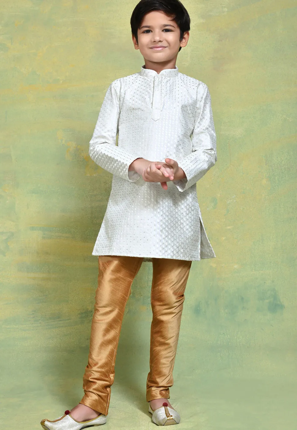 Embroidered Art Silk Kurta Set in White