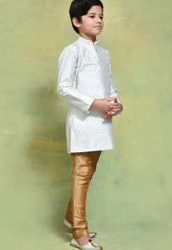 Embroidered Art Silk Kurta Set in White
