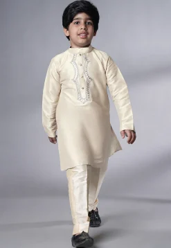 Embroidered Art Silk Kurta Set in Cream