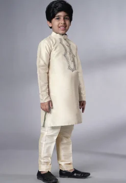 Embroidered Art Silk Kurta Set in Cream