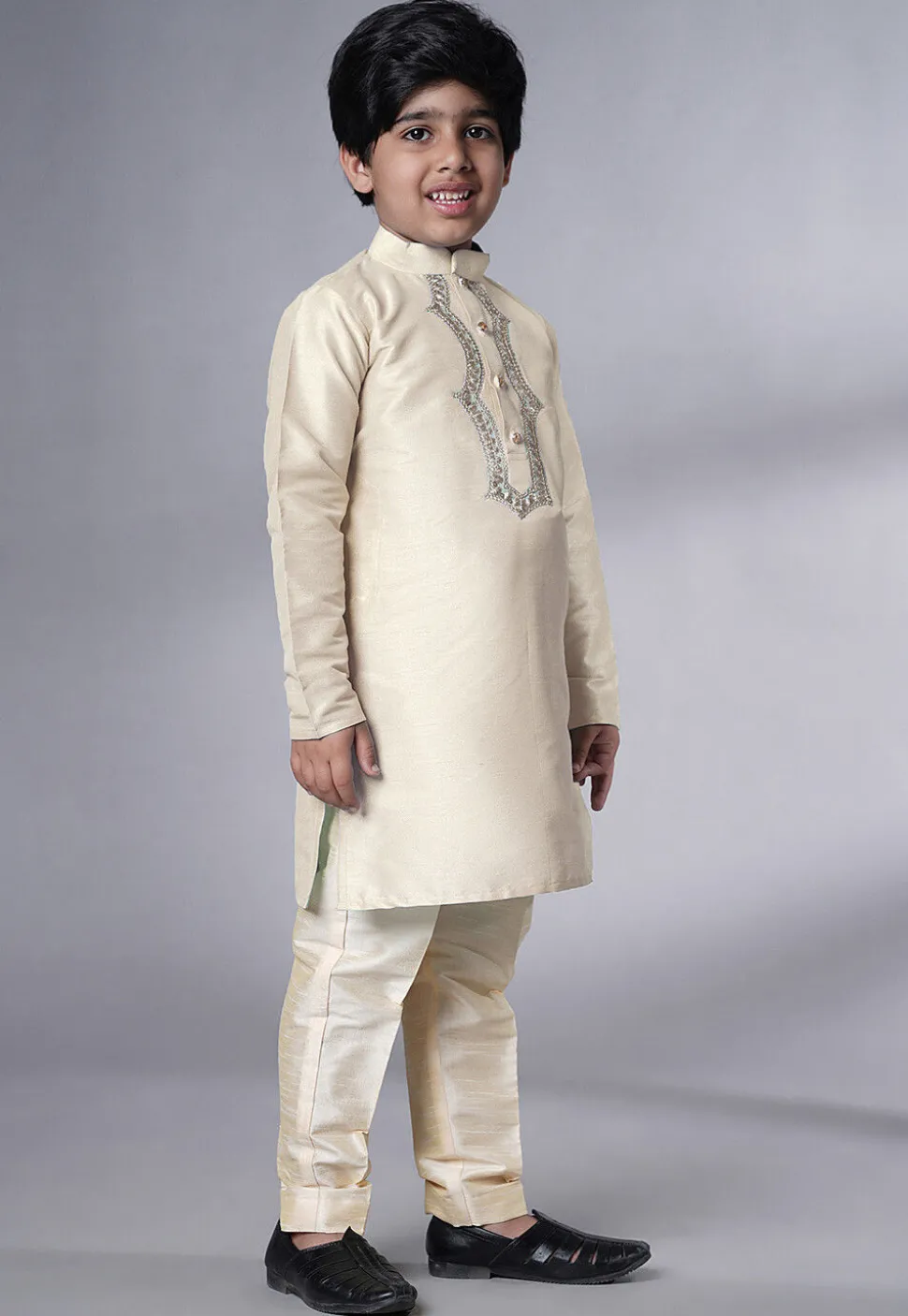 Embroidered Art Silk Kurta Set in Cream