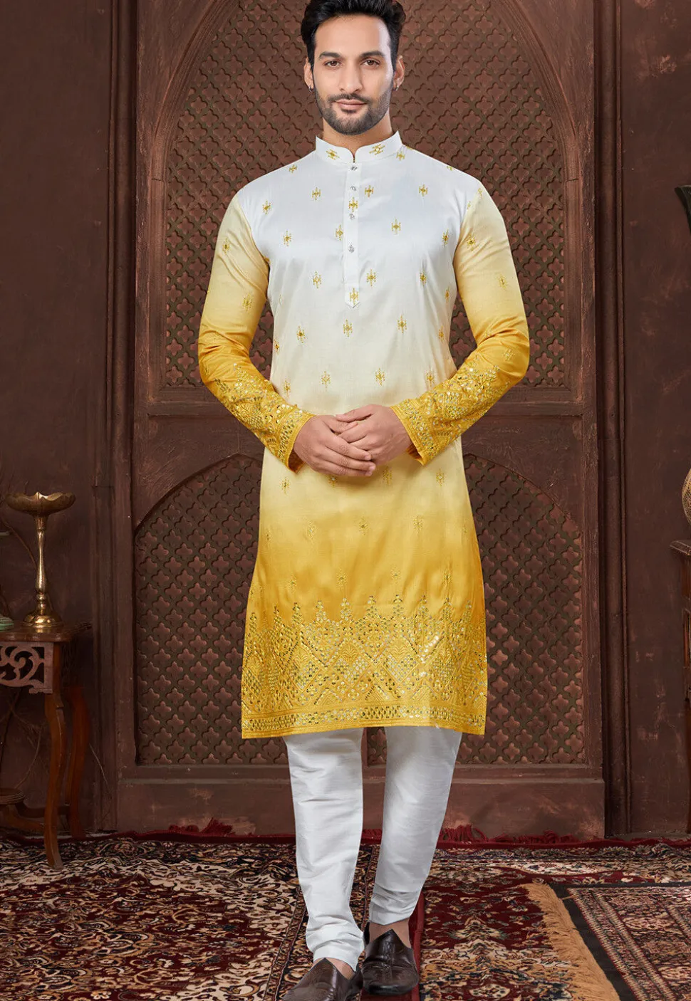 Embroidered Art Silk Kurta Set in Shaded White and Yellow