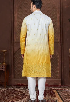 Embroidered Art Silk Kurta Set in Shaded White and Yellow