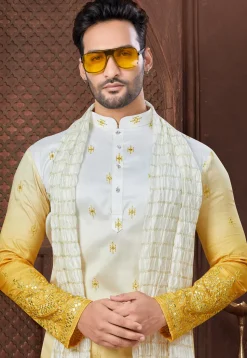 Embroidered Art Silk Kurta Set in Shaded White and Yellow