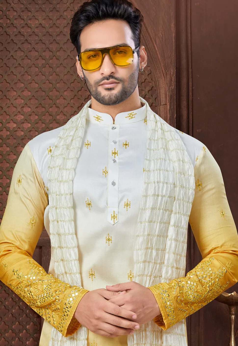 Embroidered Art Silk Kurta Set in Shaded White and Yellow
