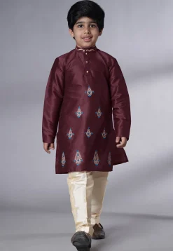 Embroidered Art Silk Kurta Set in Wine