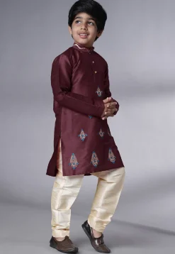 Embroidered Art Silk Kurta Set in Wine