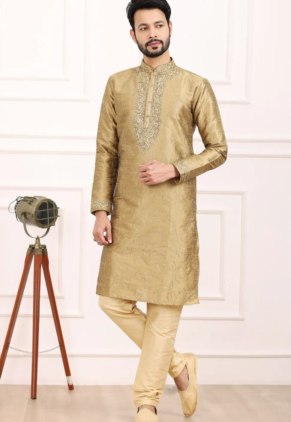 Embroidered Art Silk Kurta Set in Dark Beige