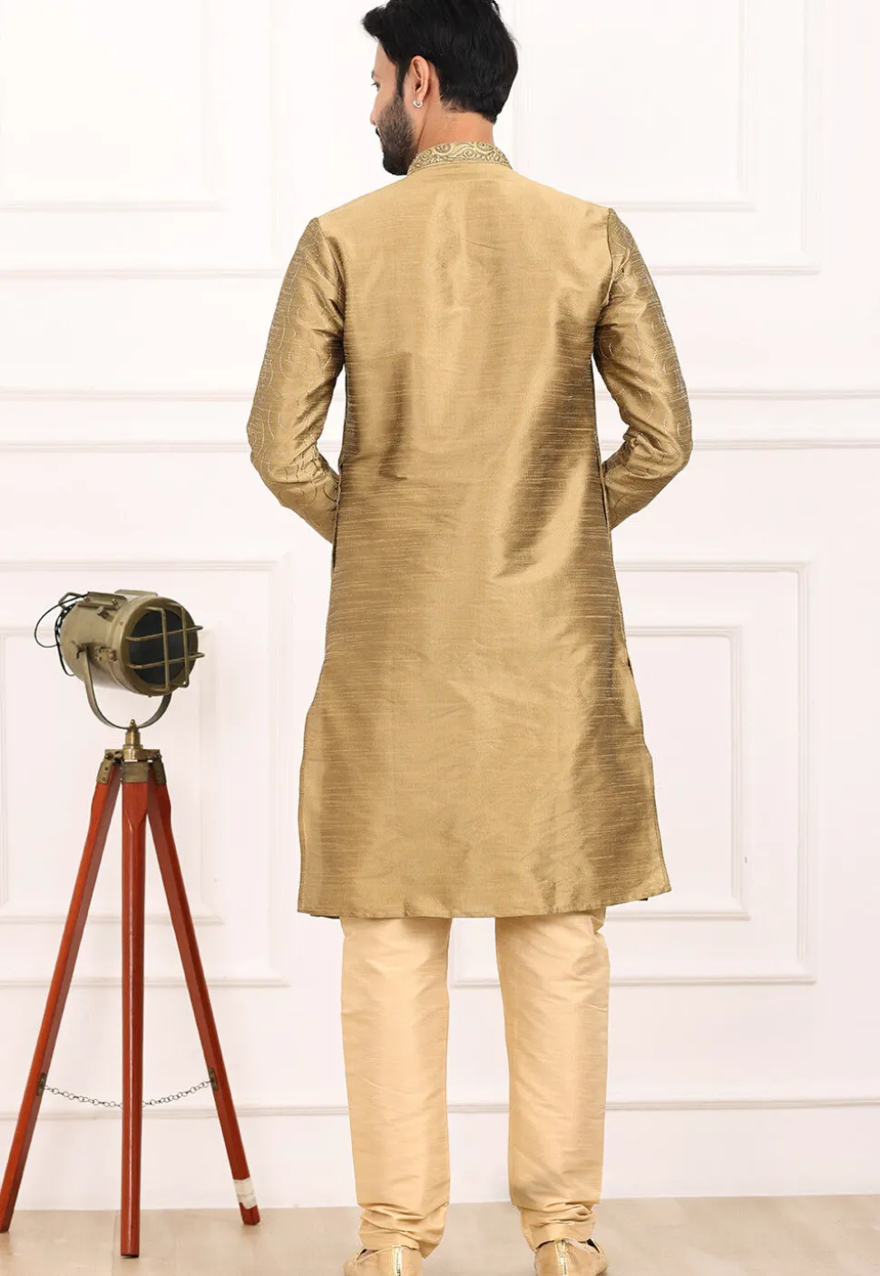 Embroidered Art Silk Kurta Set in Dark Beige