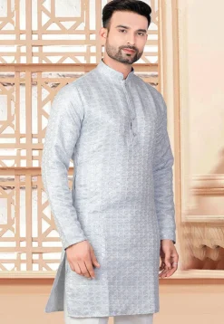 Embroidered Art Silk Kurta in Light Blue