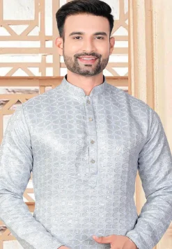 Embroidered Art Silk Kurta in Light Blue