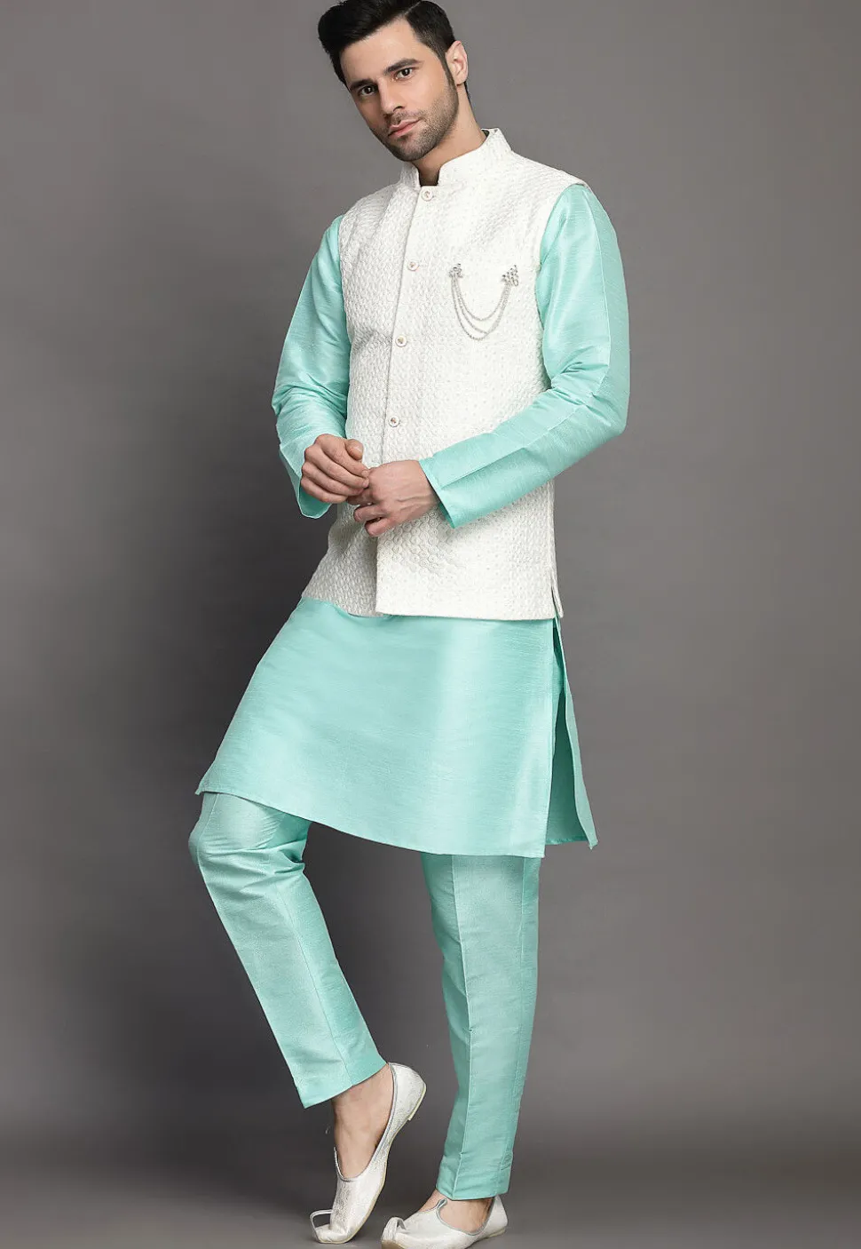 Embroidered Art Silk Kurta Jacket Set in Sky Blue