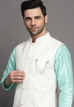 Embroidered Art Silk Kurta Jacket Set in Sky Blue