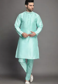 Embroidered Art Silk Kurta Jacket Set in Sky Blue