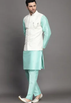 Embroidered Art Silk Kurta Jacket Set in Sky Blue