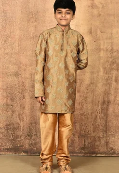 Embroidered Art Silk Kurta Set in Beige
