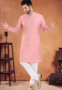 Embroidered Art Silk Kurta Set in Peach
