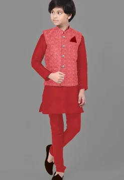 Embroidered Art Silk Kurta Set in Red
