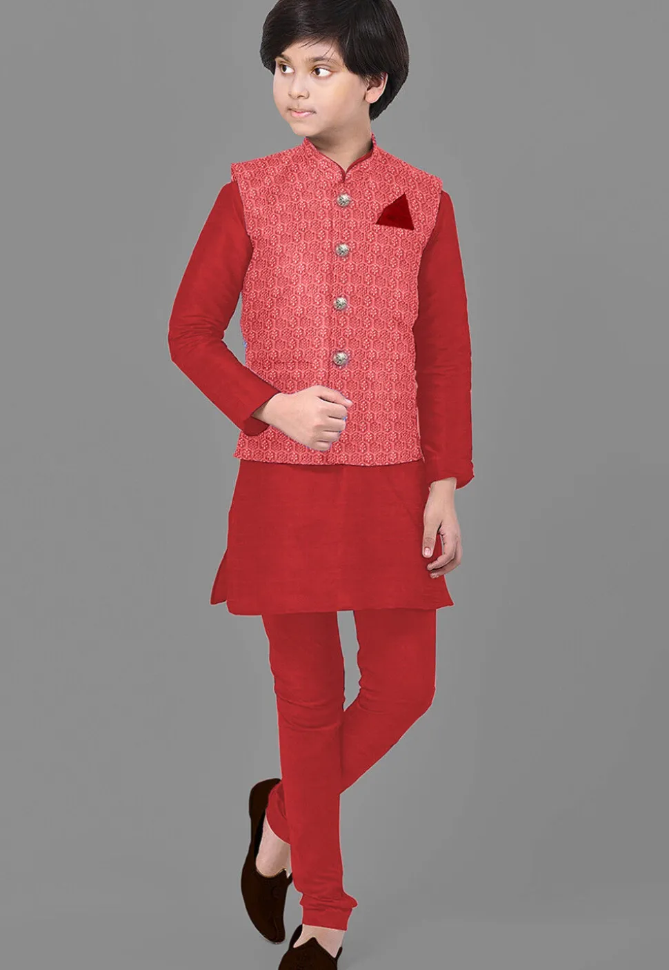 Embroidered Art Silk Kurta Set in Red